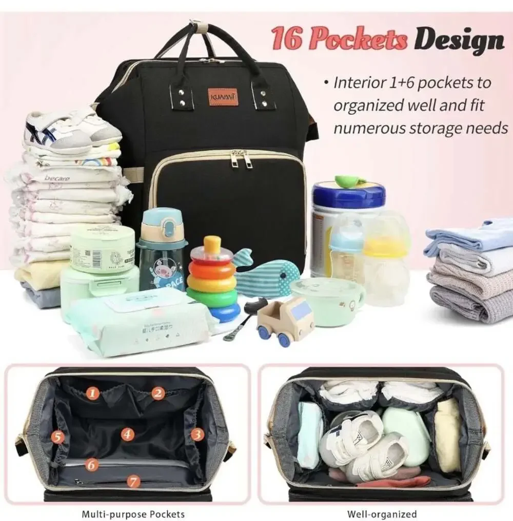 Kuwani 3-in-1 Diaper Bag Backpack with Foldable Crib and Changing Station
